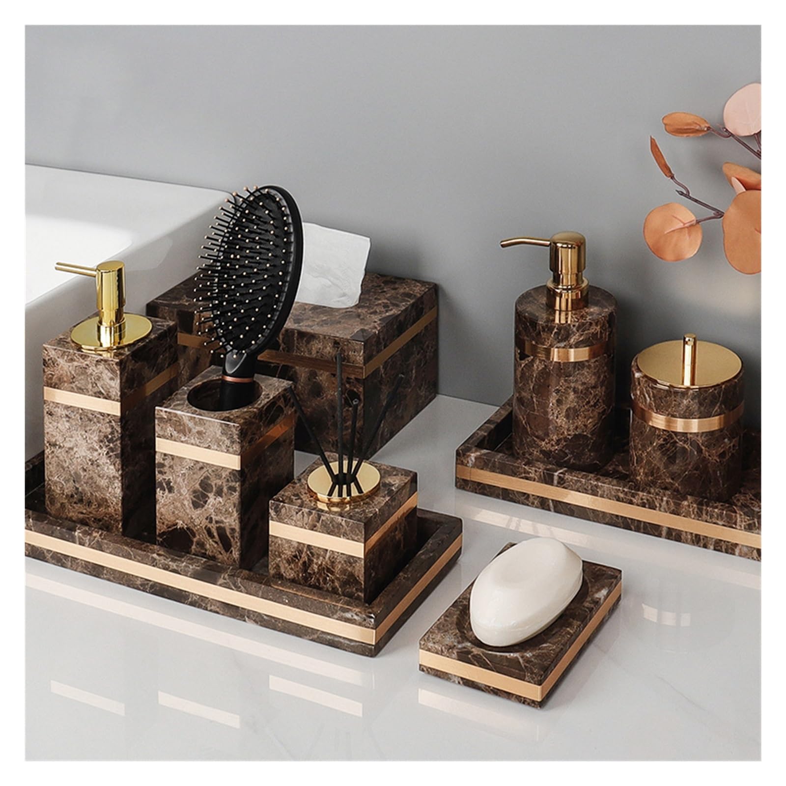 Set de Accesorios de Baño Juego de mármol natural oscuro for baño, soporte de piedra de lujo for cepillos de dientes, taza for dientes, dispensador de jabón, juegos de accesorios for baño(Soap dispens