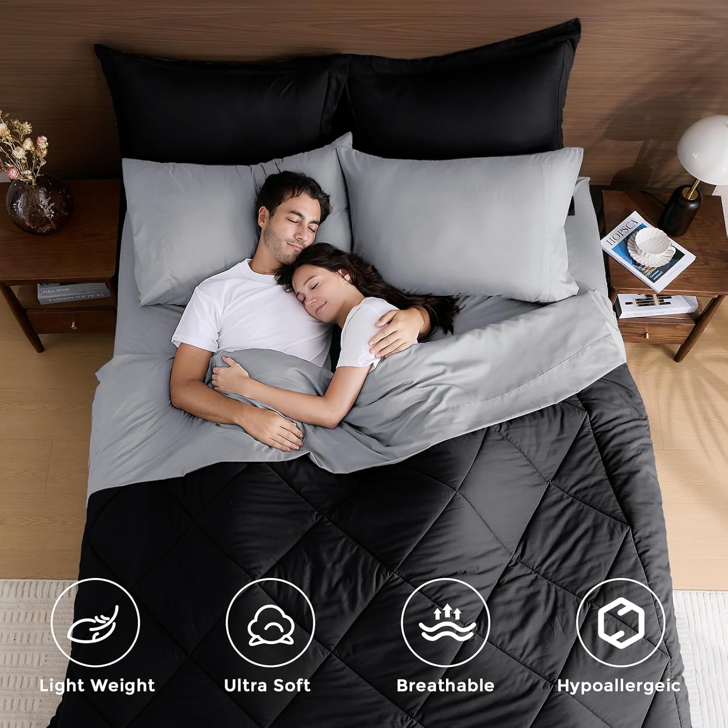 HEVUMYI King Comforter Set - 7-Piece All Season Bed in a Bag King, Ultra Soft Bedding Set with Comforter, Flat Sheet, Fitted Sheet, Pillowcases, Pillow Shams, Black & Light Grey - Image 2