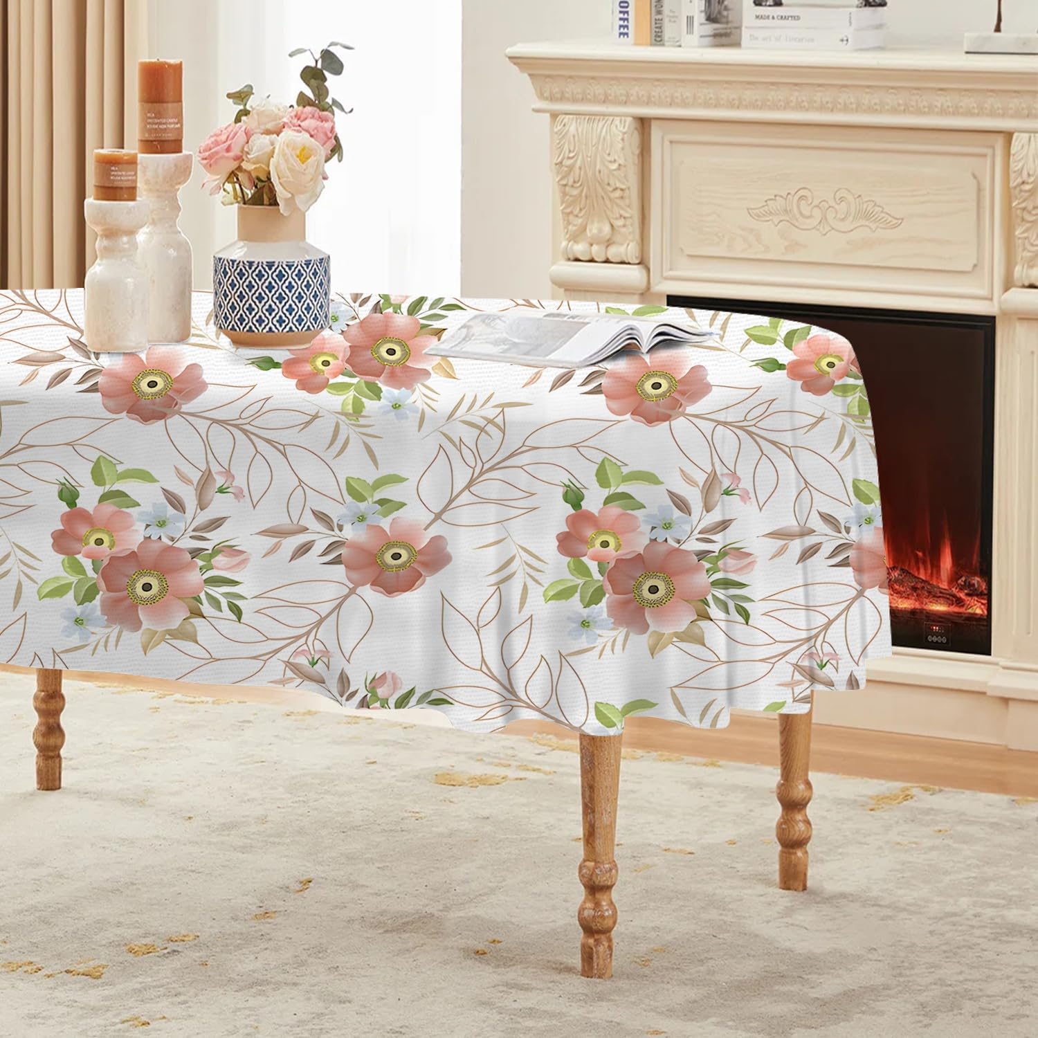 Liane Florale Pêche Nappe Impermeable Ovale 180x240 cm Feuille Dorée, Nappe de Table Botanique en Tissu Polyester, Décoration Nappe Lavable et Anti-Tache, G-8