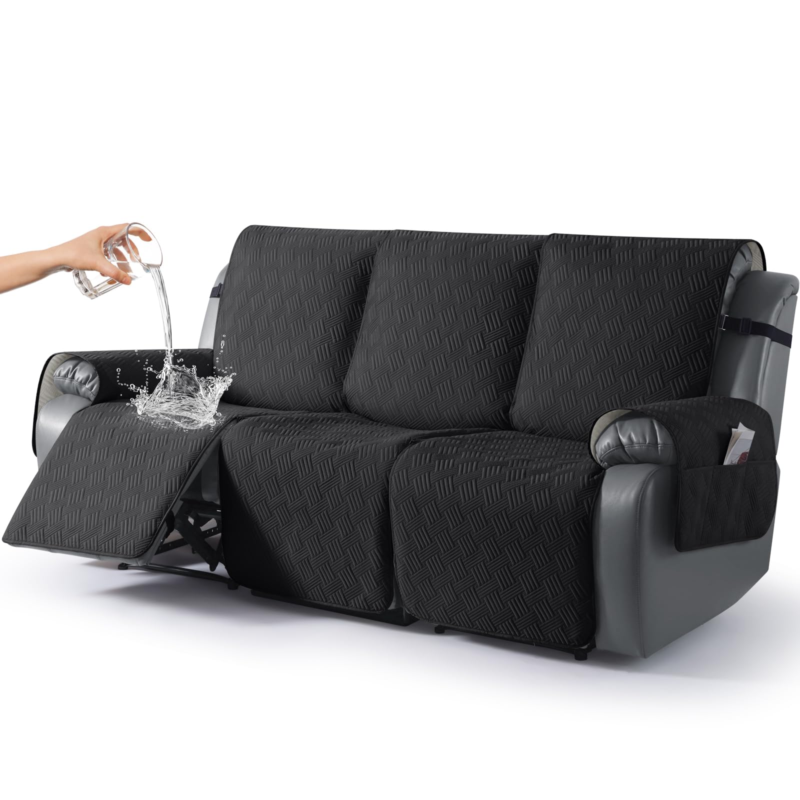 KinCam Waterproof Recliner Chair Cover, Armchair Slipcover with Elastic Straps & Side Pocket, Anti Slip Couch Cover Sofa Protector for Dogs & Pets, Washable Armchair Cover 3 Seater, Black