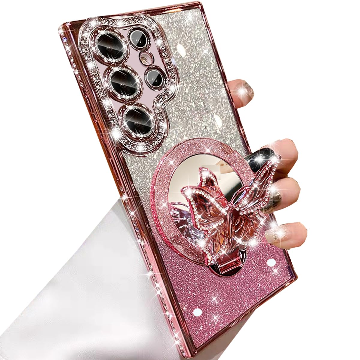 Photo 1 of Changjia for Samsung Galaxy S26 Ultra Magnetic Glitter Case,[Compatible with MagSafe] Bling Sparkly Diamond with Camera Protector&Butterfly Kickstand&Makeup Mirror Women Girls Case for S26 Ultra, Pink
