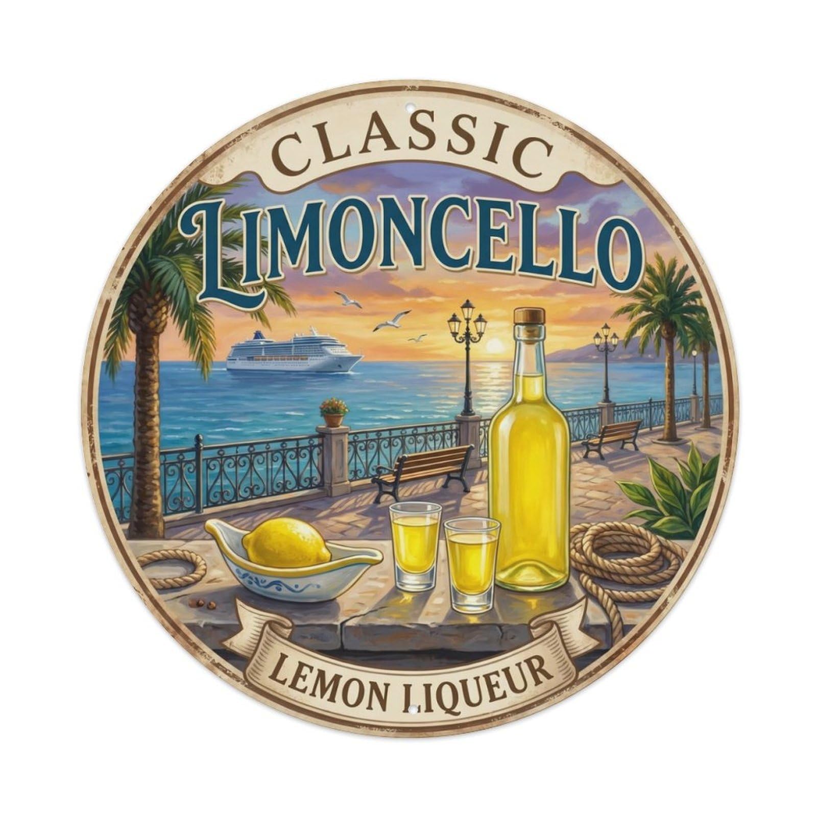 Fqcyn Style Classic Coastal Limoncello Metal Tin Sign Plaque Wall Decor For Cafe, Club Bar, Office, Home Garden Round Metal Poster 8X8inch