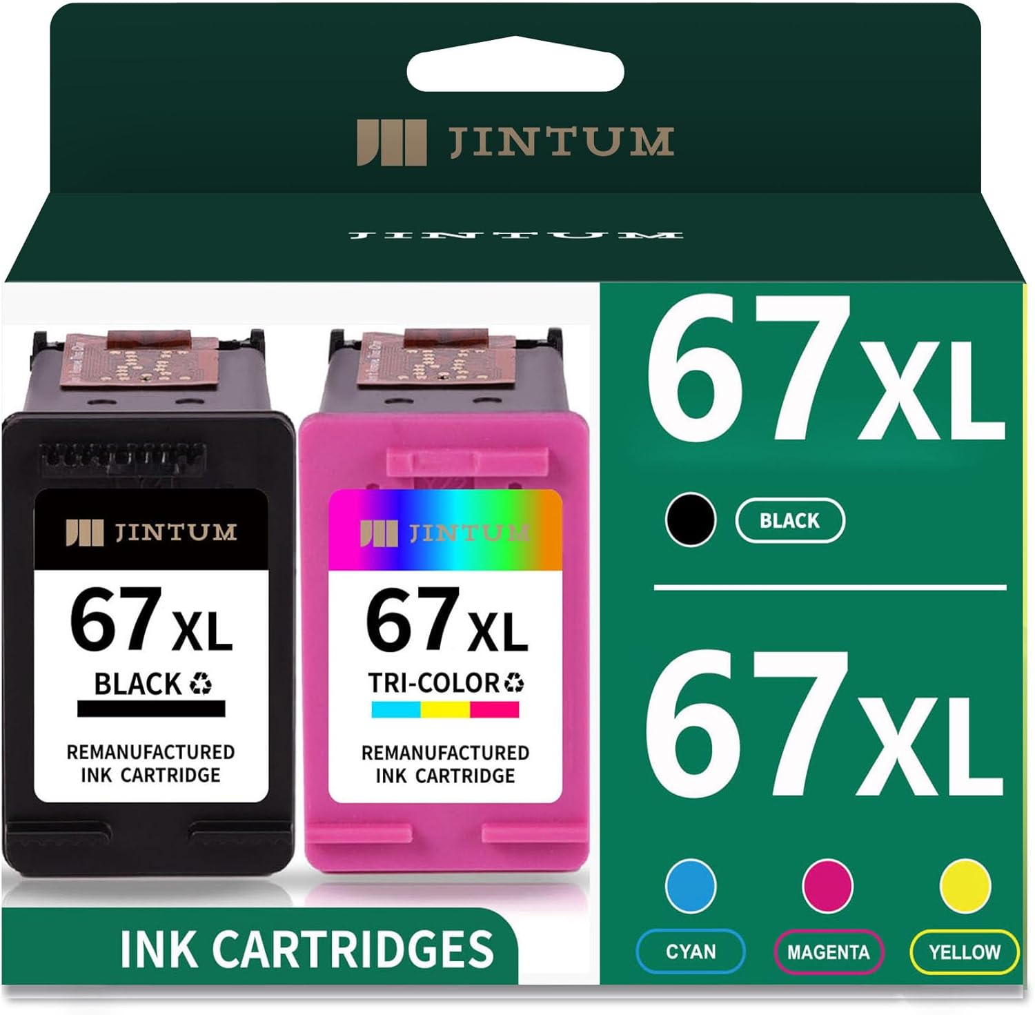 JINTUM 67XL Ink Cartridge Black Combo Pack Replacement for HP Ink 67 67XL for 2755e 2700 2752e 2752 2742e 4155e 4100 4158e 4152e 4500 6055e 6055 6000 6455e 6458e Printer (1 Black, 1 Tri-Color)
