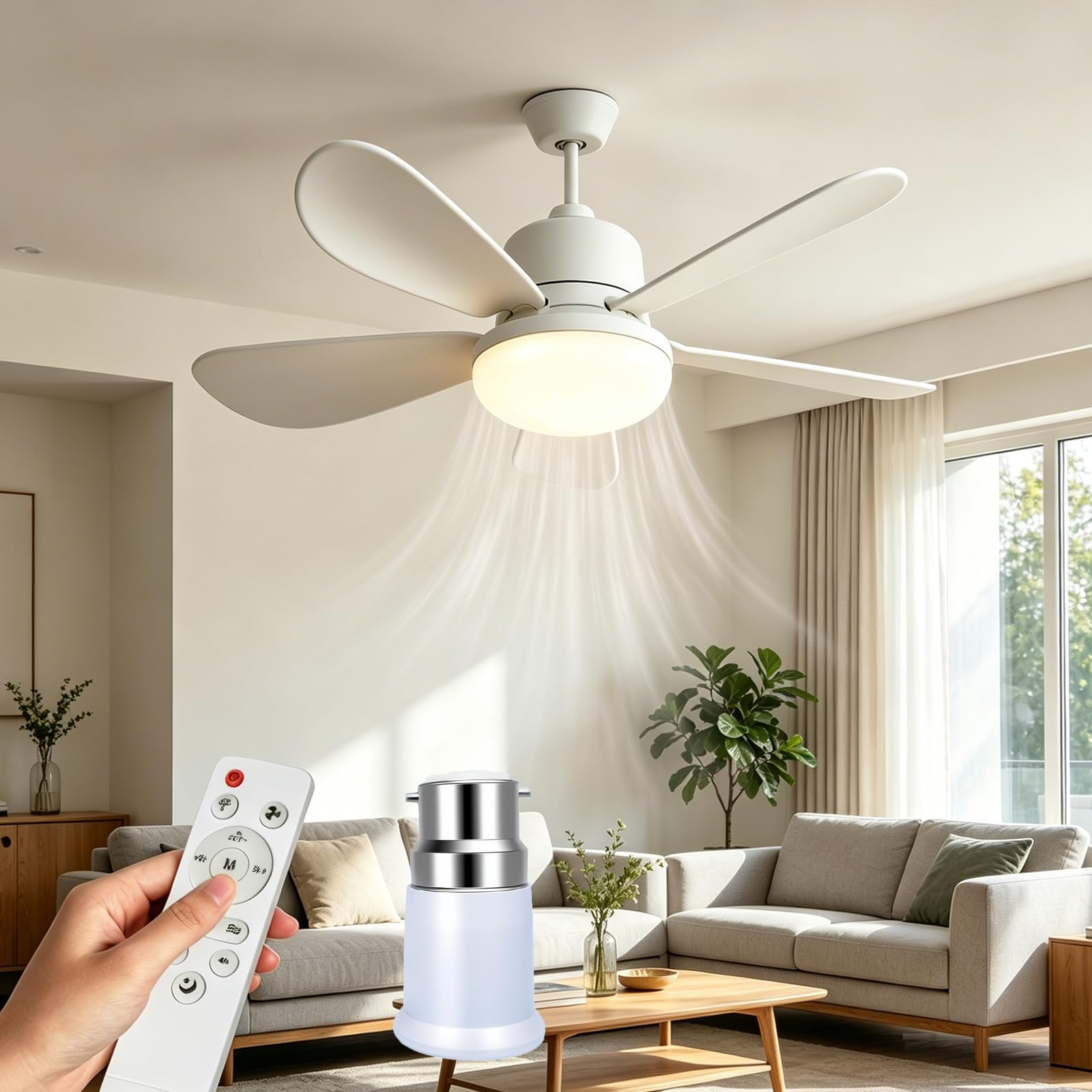 52CM Ceiling Fan Light with Remote Control,E27,3 Speeds&3 Color (E27+B22)