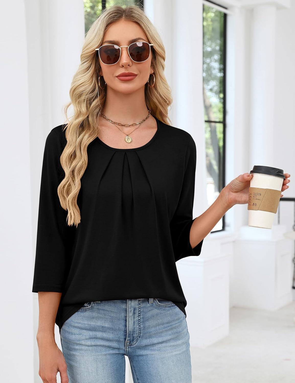 LOMON 3/4 Length Sleeve Womens Tops Summer Casual Pleated Crew Neck Blouses Loose Fit Tunic Shirts - Image 3