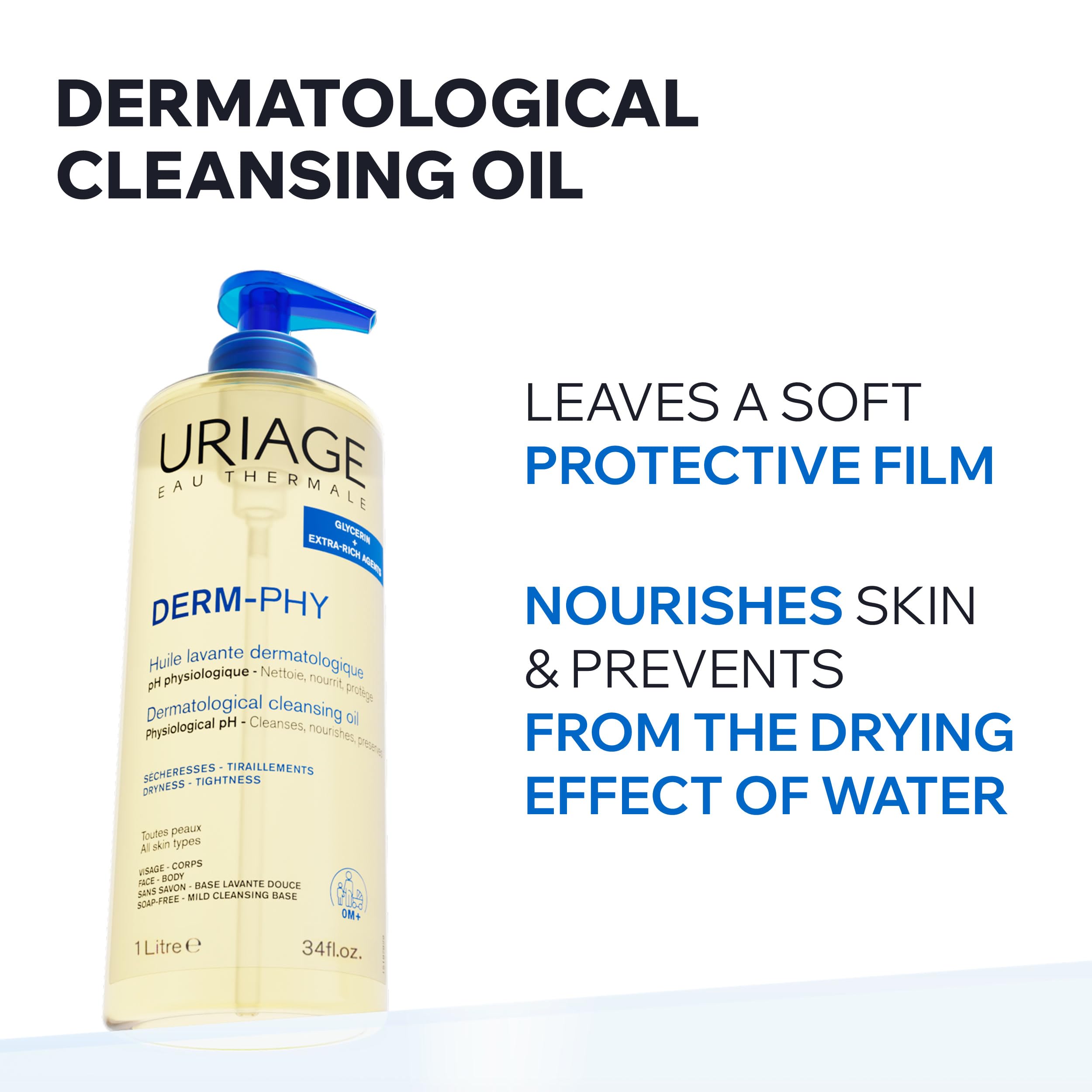Uriage Derm-Phy Olejek do prysznica 1L - Mycie twarzy i ciała - Sucha i wrażliwa skóra - Oczyszcza, odżywia, zapobiega suchości - 25% gliceryna i dodatkowo wzbogacone składniki - Fizjologiczny pH