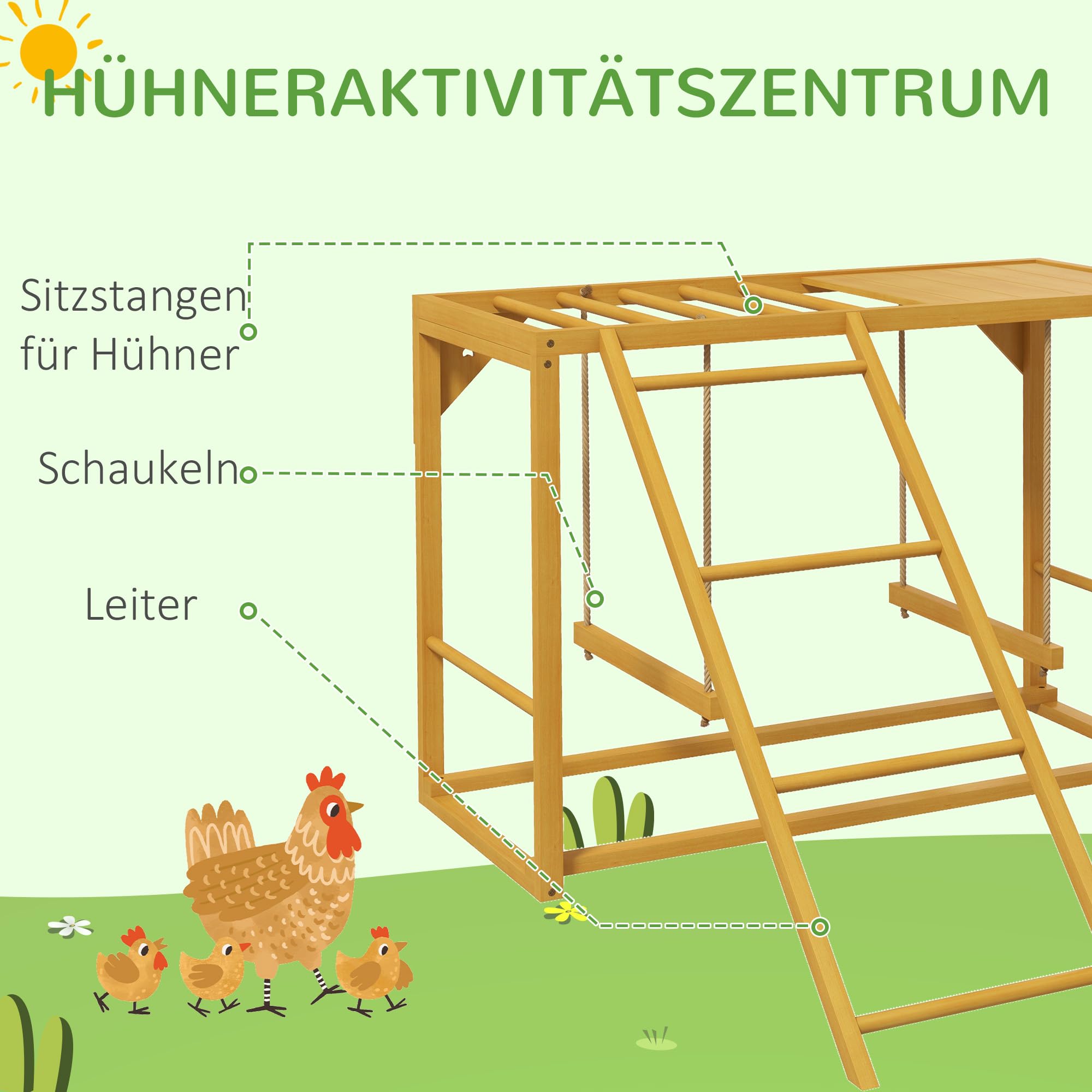 PawHut Hühner-Spielgerüst aus Holz, Spielplatz mit Schaukeln Leiter Plattform Sitzstange Klettergerüst Sitzstangen für Hühner, Hühnerstall für 3-4 Hühner Naturholz