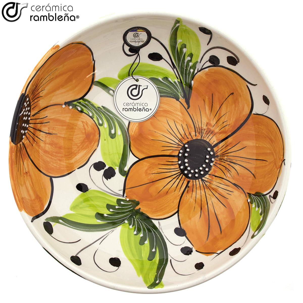 CERAMIKA RAMBLEŃSKA | Ceramiczna miska do sałatek | Oryginalne salaterki | Dekoracja salaterki z kwiatem pomarańczowym - model 27 | 100% ręcznie robiona dekoracja | 27x27x7 cm