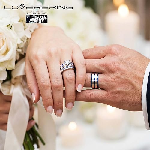 Miniatura 2 de LOVERSRING - Juego de anillos de novia para mujeres y hombres con relleno de oro blanco de 10 quilates, carburo de tungsteno, anillo de compromiso