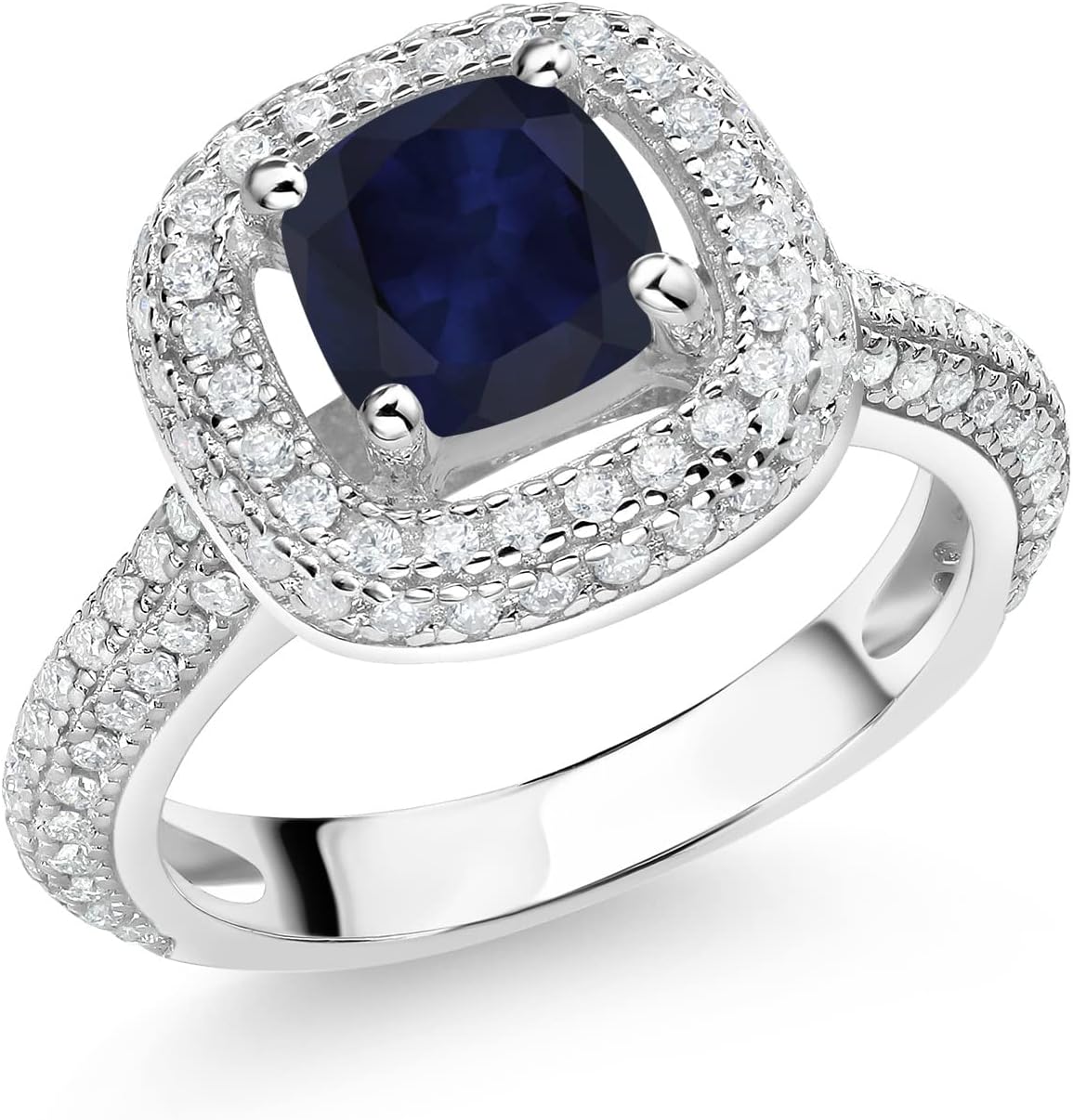 Gem Stone King 1.93 Cttw Blue Sapphire and White Moissanite Engagement Ring For Women | 925 Sterling Silver | Cushion 6MM | Gemstone Birthstone | Wedding Engagement Anniversary Ring For Women