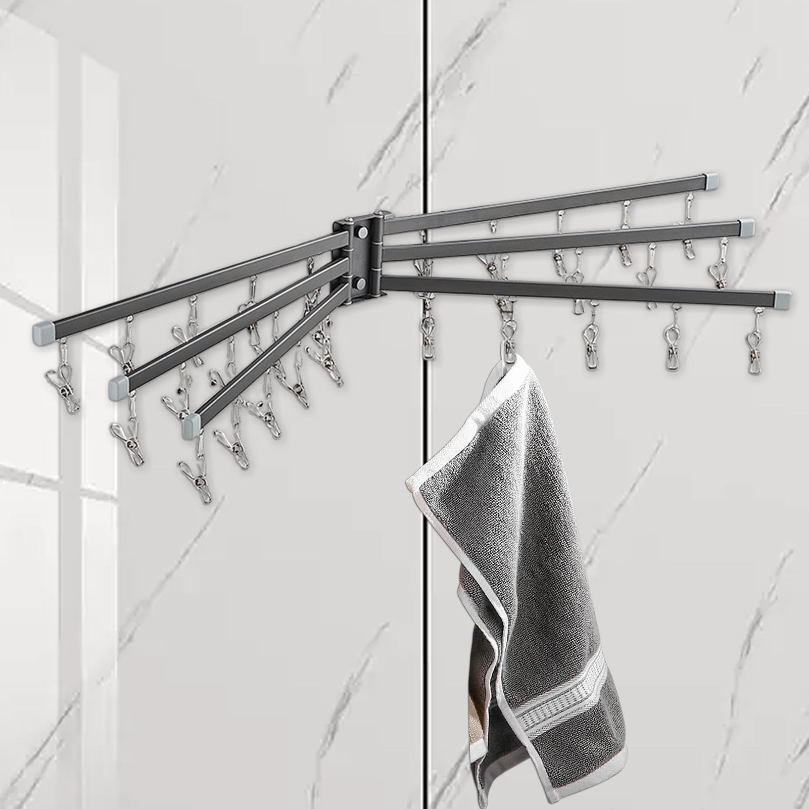 Appendicalze per asciugare – Stendibiancheria da parete in acciaio , , 43,2 cm, con molteplici clip, gancio antiruggine, gruccia antigoccia compatta per cappelli, reggiseni e viaggi