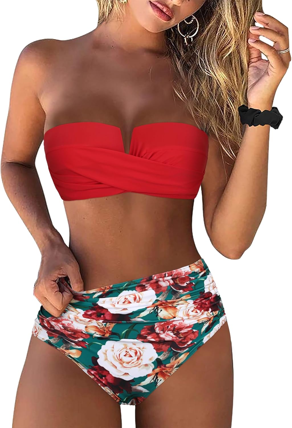 Hilor Bandeau Two Piece Bathing Suits for Women with Strap Retro High Waisted Swimsuits Sexy Push Up Bikini Swimwear - Image 4