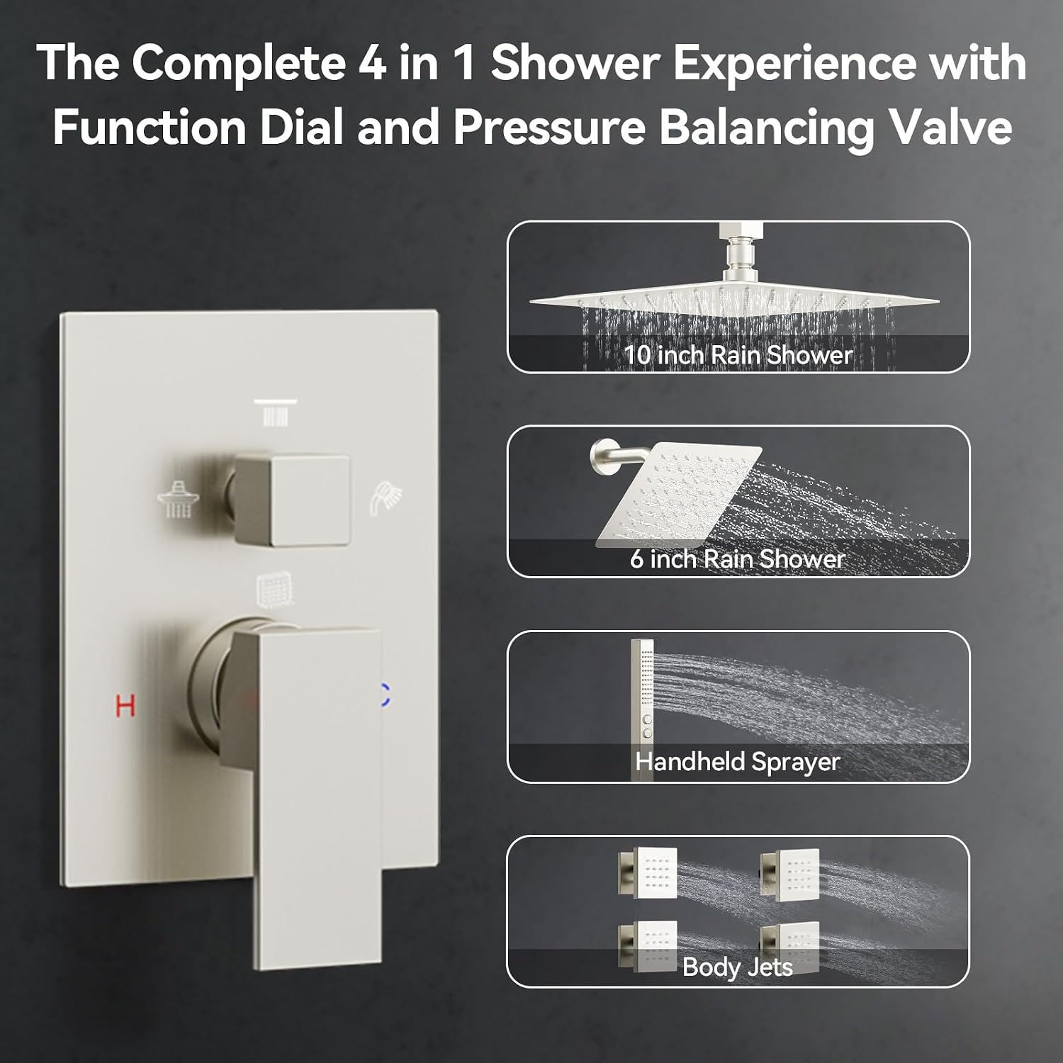Shower System with Body Jets, Bostingner Four Modes Shower Faucet 12+6" Rain Shower Head with Handheld Spray 2 Ways, 4Pcs Shower Jets System in Wall Shower Faucet Sets Complete,Brushed Nickel