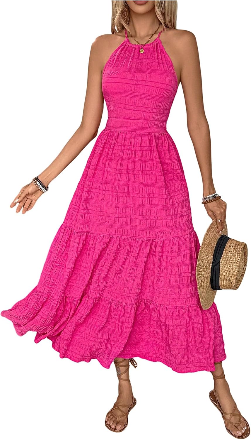 GORGLITTER Women's Open Back Flowy Maxi Dress Bow Tie Sleeveless Loose Swing Long Dresses Summer Beach Party Sundress