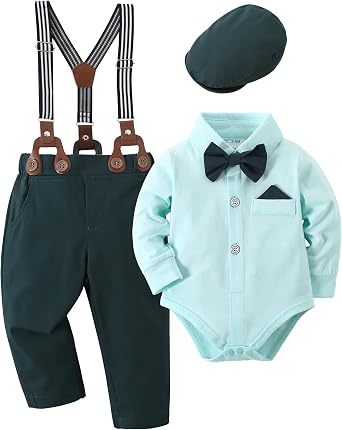 DISAUR Baby Boy Suit Outfit 4PCS Gentleman Set Romper with Suspender Pants Bow Tie and Beret Hat for Wedding 3-24 Months