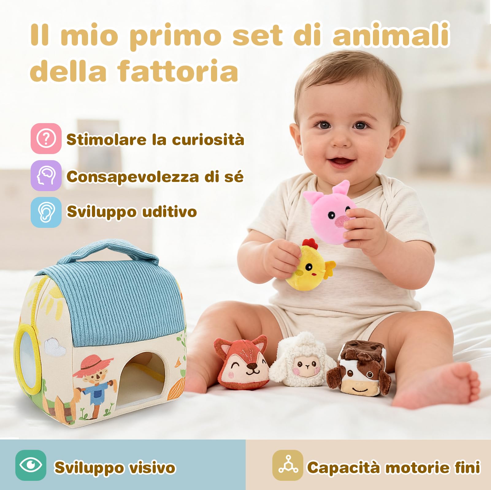 Giochi Bambini 1 Anno, Giochi Montessori 1 Anno, Fattoria Animali Bambini con Fienile/Sonaglio/Specchio, Giochi Neonato 6 9 12 Mesi, Regalo Bambino 1 Anno