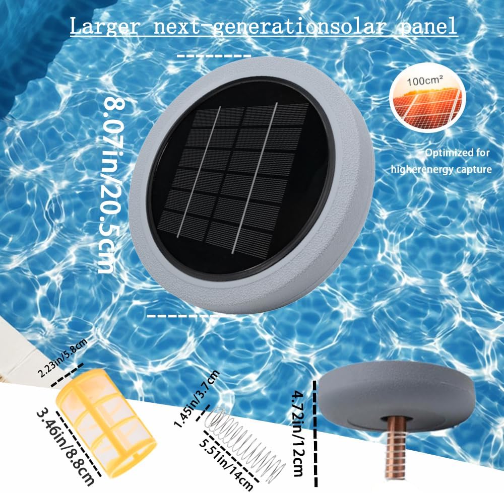 Solar Pool Ionizer - Enhanced with Latest Solar, 90% Less Chlorine, for Pools up to 45,000 Gal, Technology & Longer-Lasting Anode, Reduces Chlorine- Mineral-Based Pool Cleaning Device （Gray）