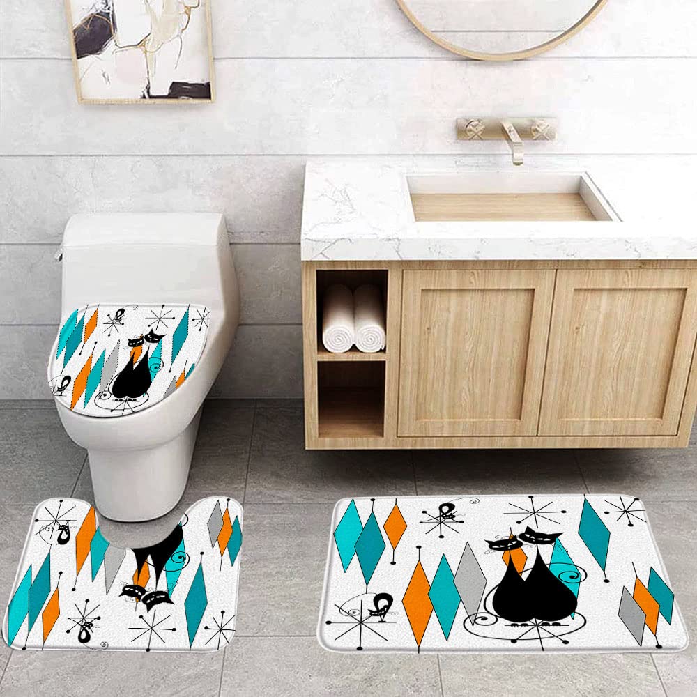 Mid Century Black Cat 3 Pcs Bath Rugs Set,Atomic Starbursts Cat Modern Abstract Geometric Iconic Vintage 1950s 1960s Bathroom Kitchen Rug with 16