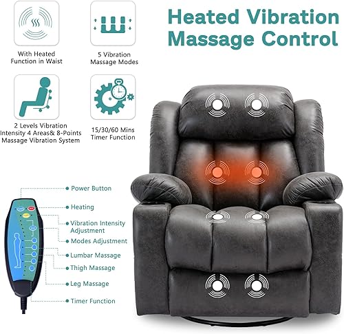 Vista 4 de MEETWARM Massage Swivel Rocker Recliner with Heat and Vibration, Manual Glider Rocking Recliner Chair, 360Swivel Lounge Reclining Chair with Cup