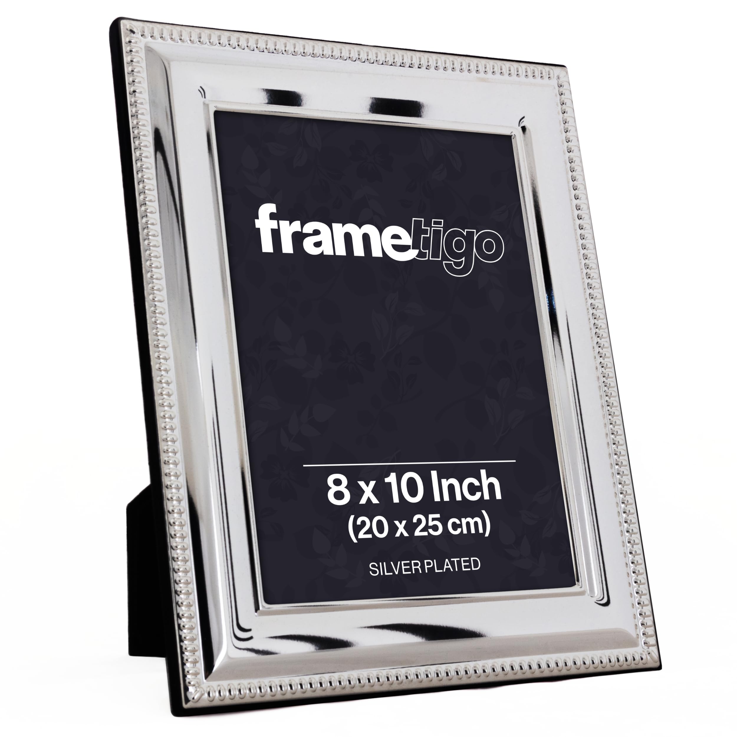 Silver Plated Bead Photo Frame, 8"x10" (20x25cm) Photo Size - Velvet Frame Backing & Stand - Real Glass Window - Tarnish Resistant - Landscape or Portrait Orientation