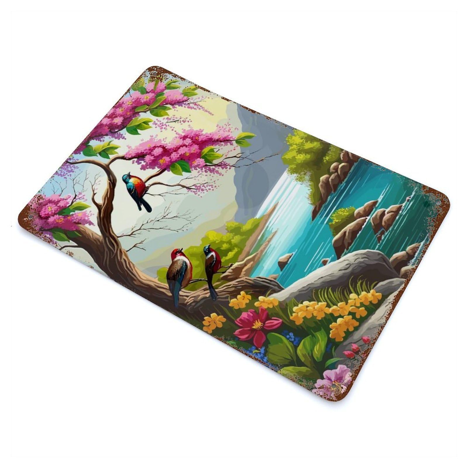Birds And Blossoms by The River Rustic Tin Plaque 11.8"x7.9", Ideal for Shed, Workshop And Garage Wall Decor