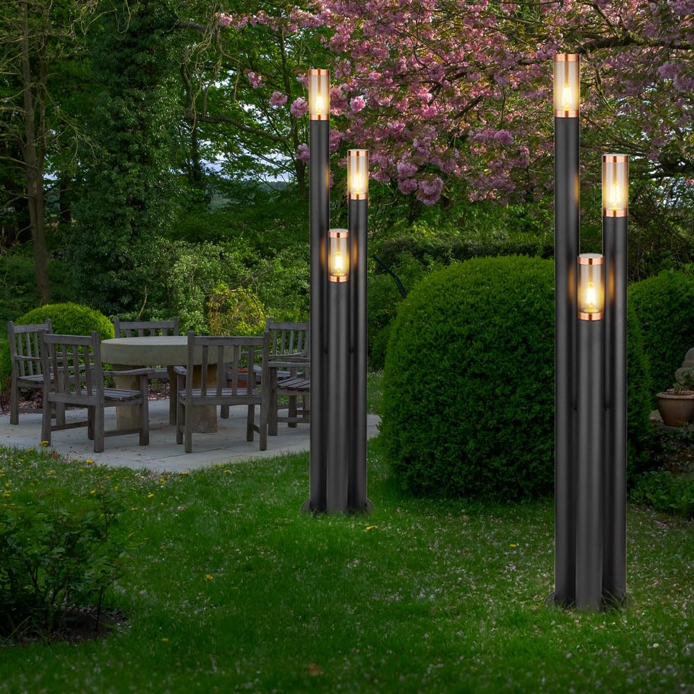 Wegeleuchten Außen Edelstahl Außenlampe Standleuchte Gartenleuchte schwarz, Kupfer rauchfarben, 3 Flammig E27, DxH 28 x 170 cm