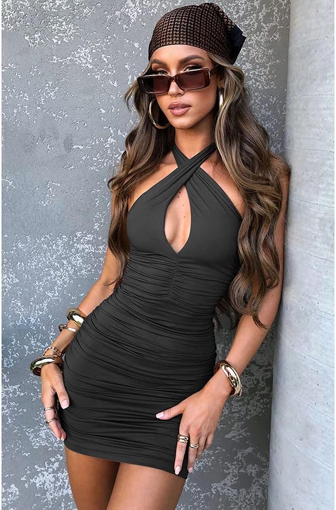 BEAGIMEG Women's Sexy Bodycon Sleeveless Criss Cross Ruched Halter Mini Dress Party Club Dress - Image 6