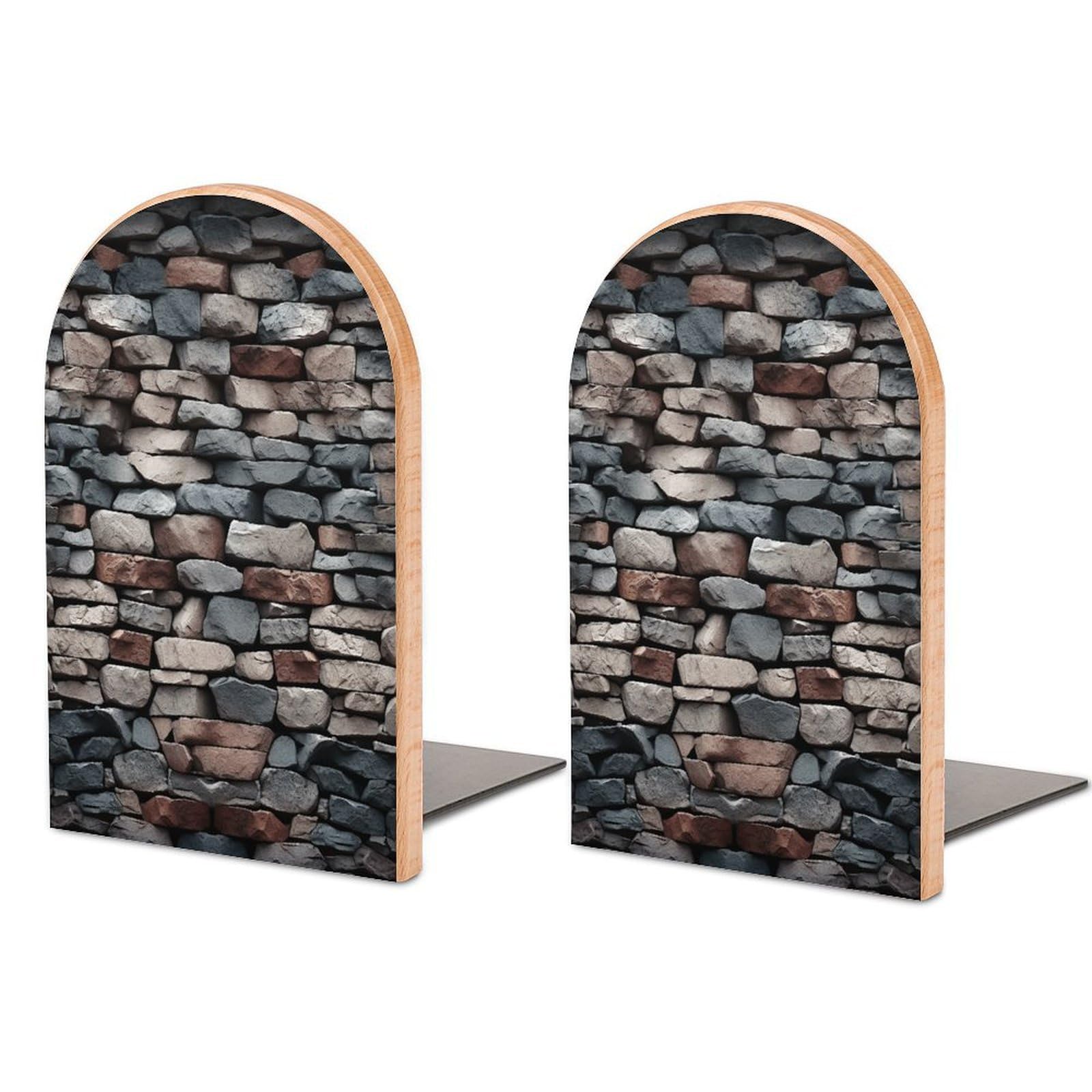Stone Bookend Non-Skid Wooden Bookends for Shelves Heavy Duty Wood Book Ends Decorative Book Stopper Book Stand Non-Slip Book Organizer for Home Office Library