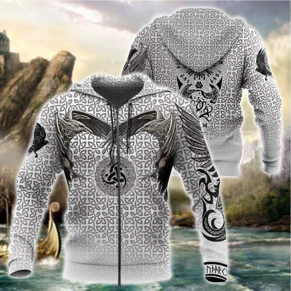 Bluza z kapturem 3D z wzorem tatuażu wikingów unisex Triple Horn of Odin Raven, rozpinana na całej długości, kurtka casualowa