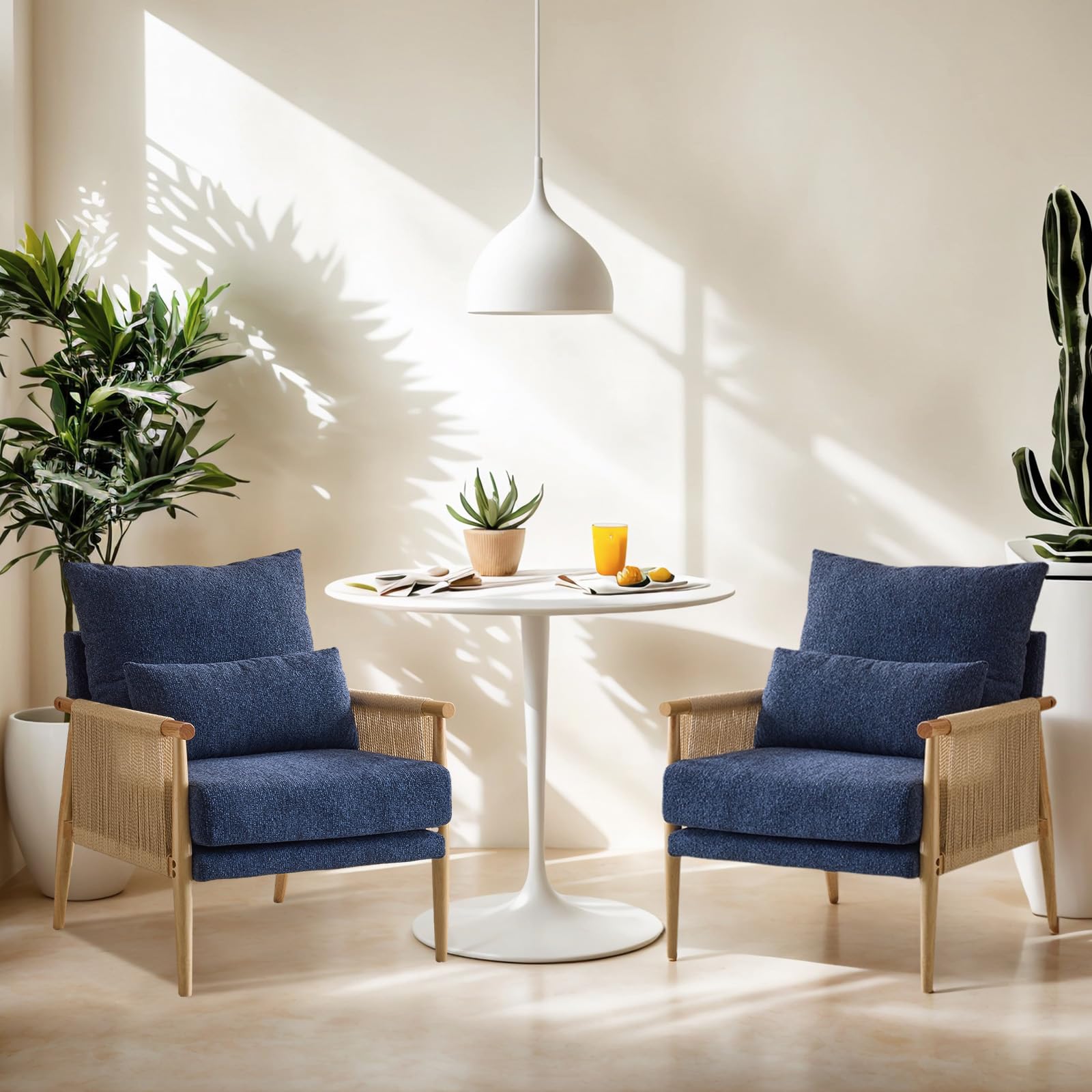 VINGLI Boho Braid Accent Armchairs Set of 2,Mid-Century Modern Chiars with Solid Wooden Armrest,Comfy Louge Cushion Chairs with Waist Pillow for