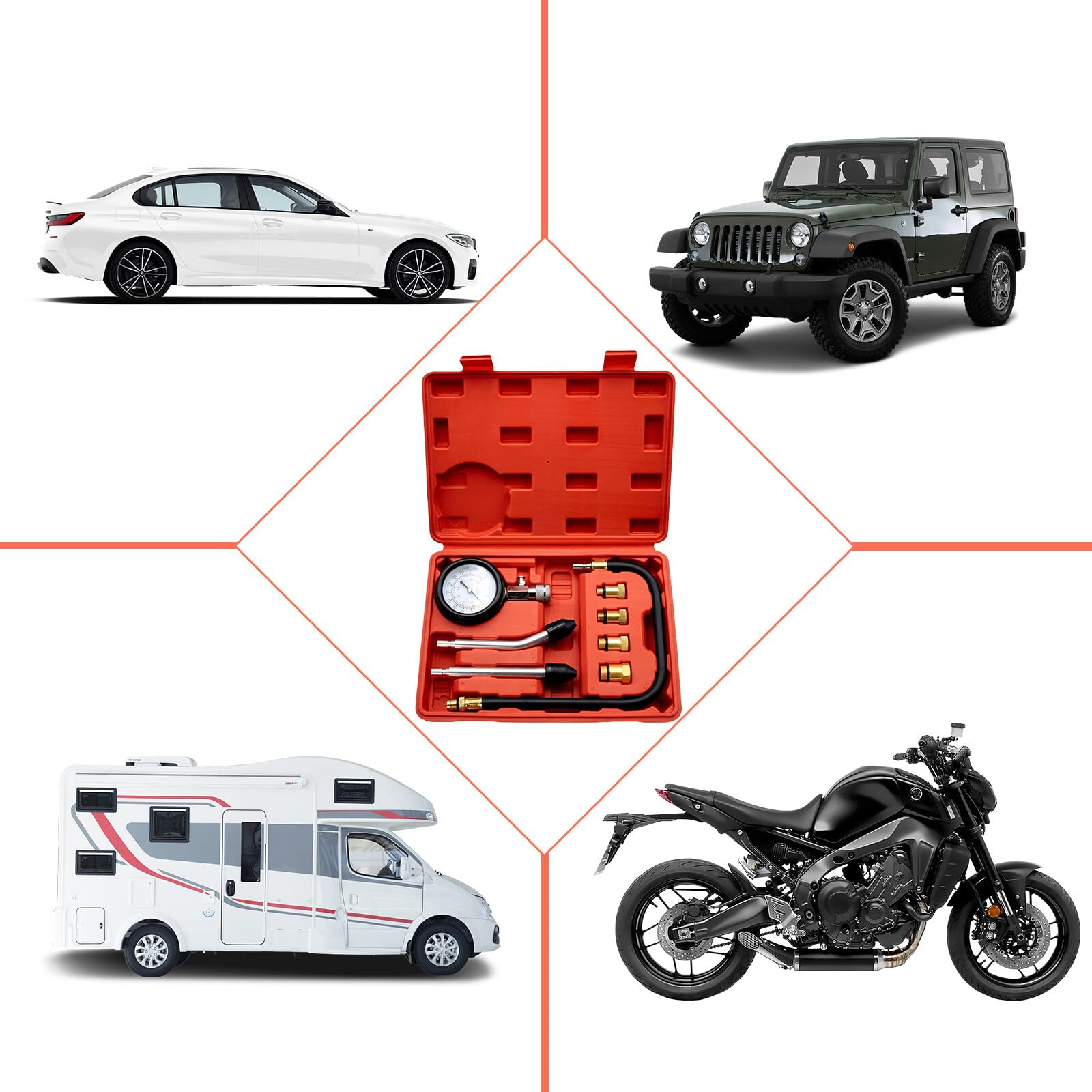 Tester di compressione: kit tester di compressione, misuratore di compressione benzina, manometro strumento per test moto, motore fuoribordo auto, motoslitta auto benzina motore a gas