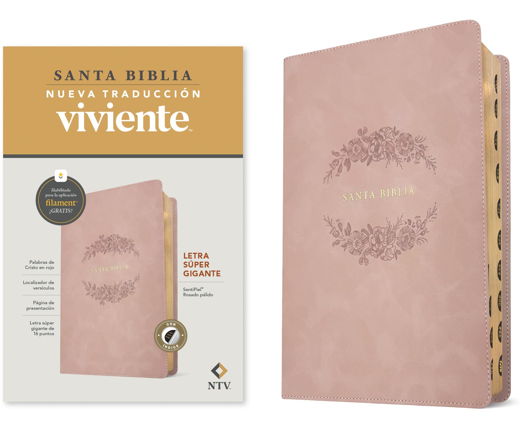Biblia letra súper gigante NTV, con Filament (SentiPiel, Rosado pálido, Índice, Letra Roja)