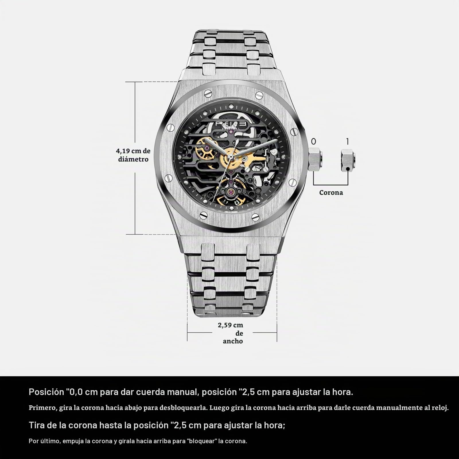 FEICE Reloj Automático para Hombre Reloj Mecánico Esqueleto Cristal de Zafiro de Moda con Correa en Acero Inoxidable Ø42mm FM019HOT