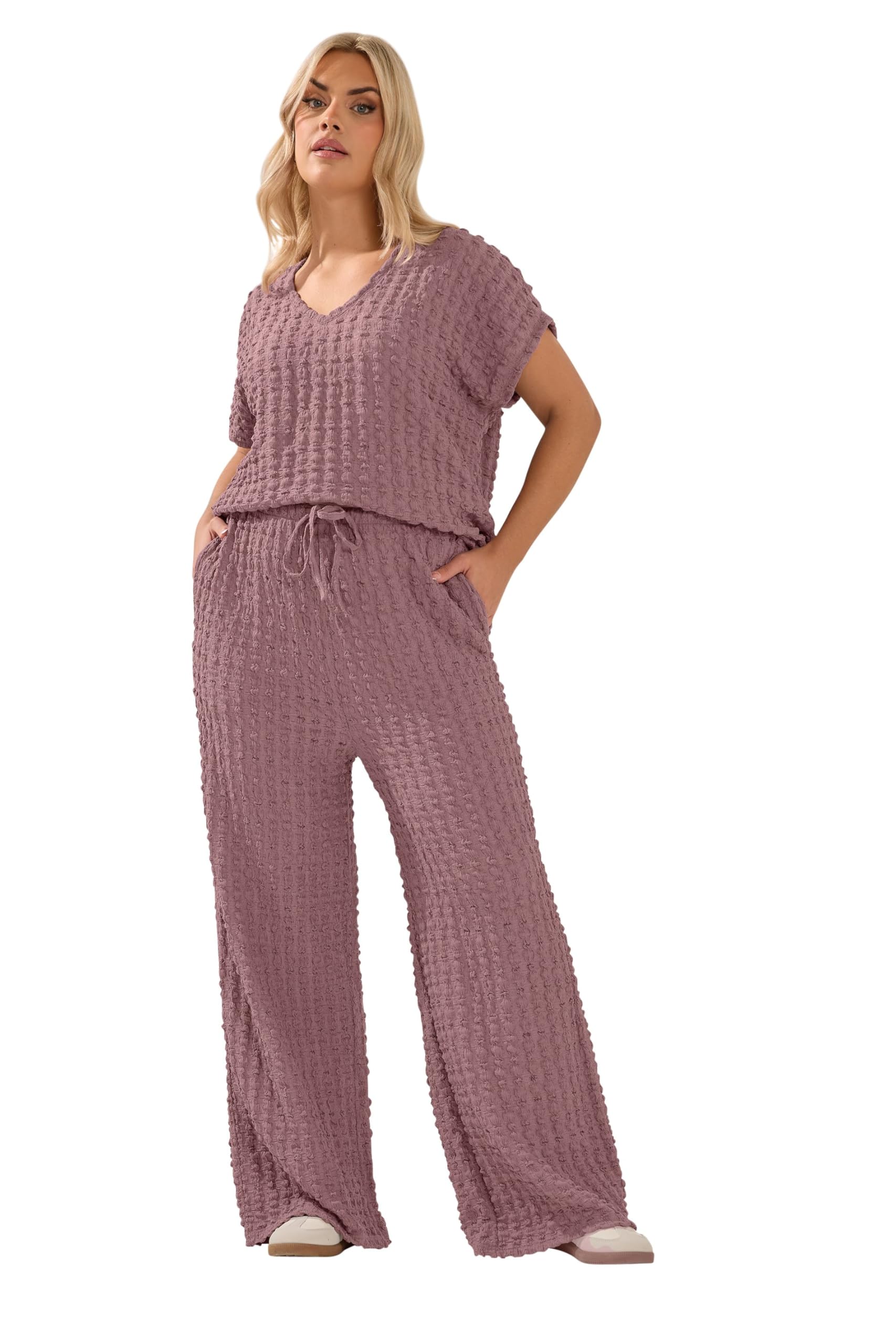 Yours Women's Mauve Bubble Textured Wide Leg Trousers In | Size: 22/24