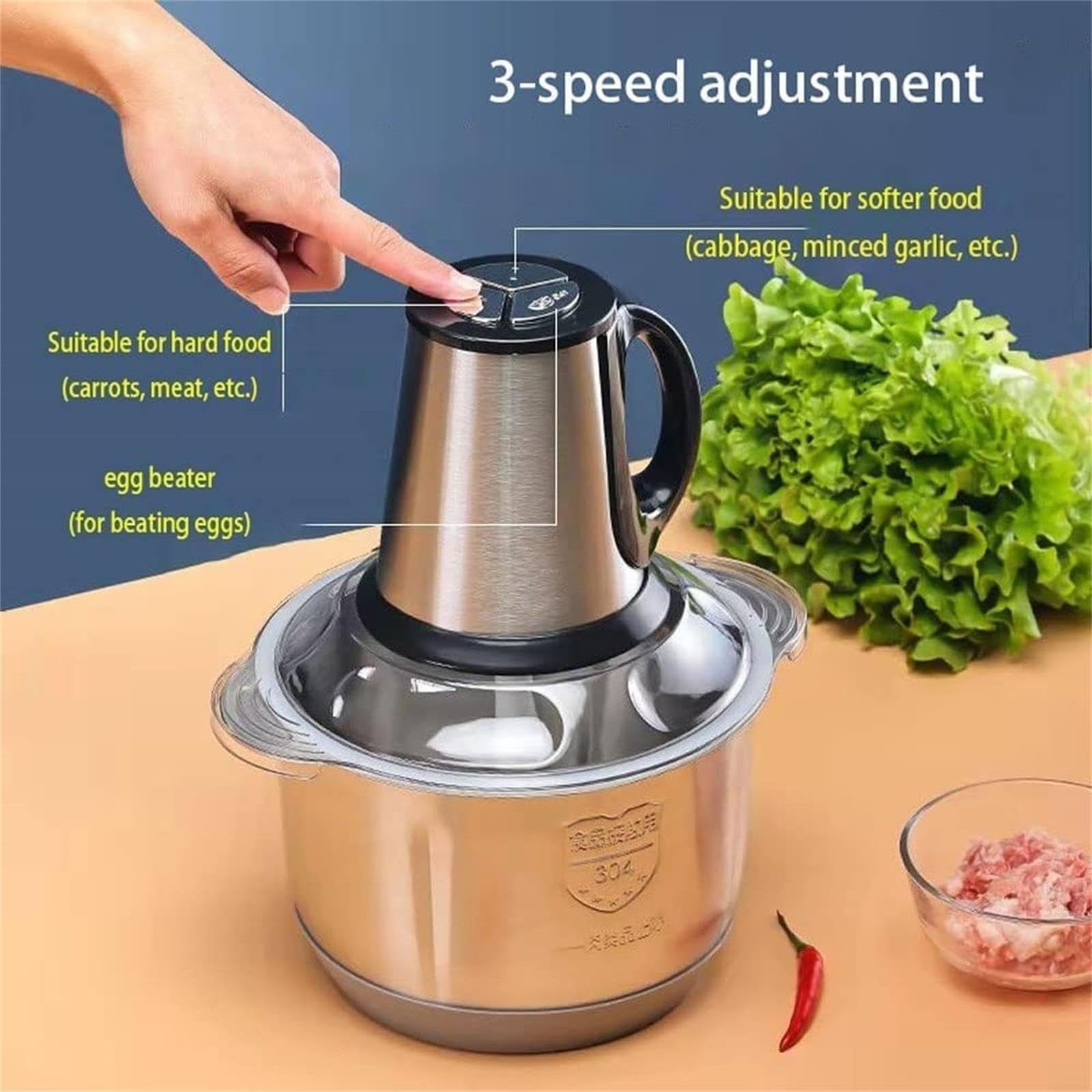 Genérico Picadora de Alimentos eléctrica de 2000W, procesador de Alimentos con Recipiente de Acero Inoxidable de 5L | Picadora carne cuchillas acero inoxidable carne, verduras, cebolla ajo, picadora licuadora 3 velocidades(Blue)