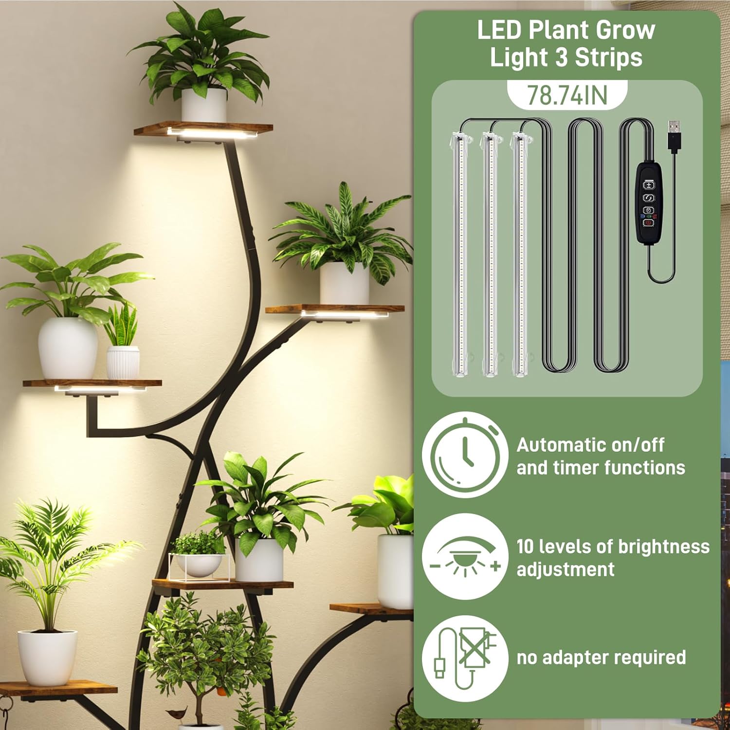 63" Plant Stand Indoor with Grow Lights 8 Tier Indoor Plant Shelf Y Shape Plant Shelf for Indoor Plant Multiple Metal Corner Plant Stand Plant Holder Plant Rack Indoor