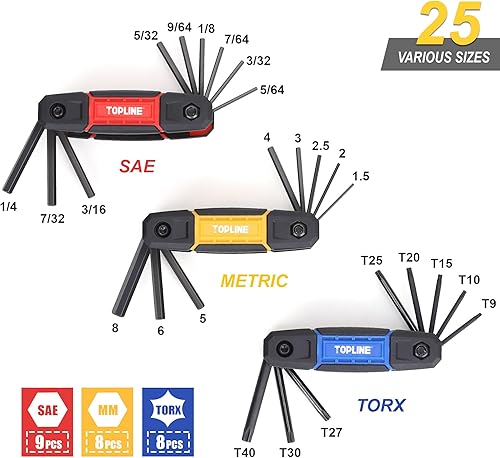 Miniatura 6 de Topline Juego de llaves Allen plegables de 25 piezas y 14 piezas con mango en T Allen con caja de almacenamiento