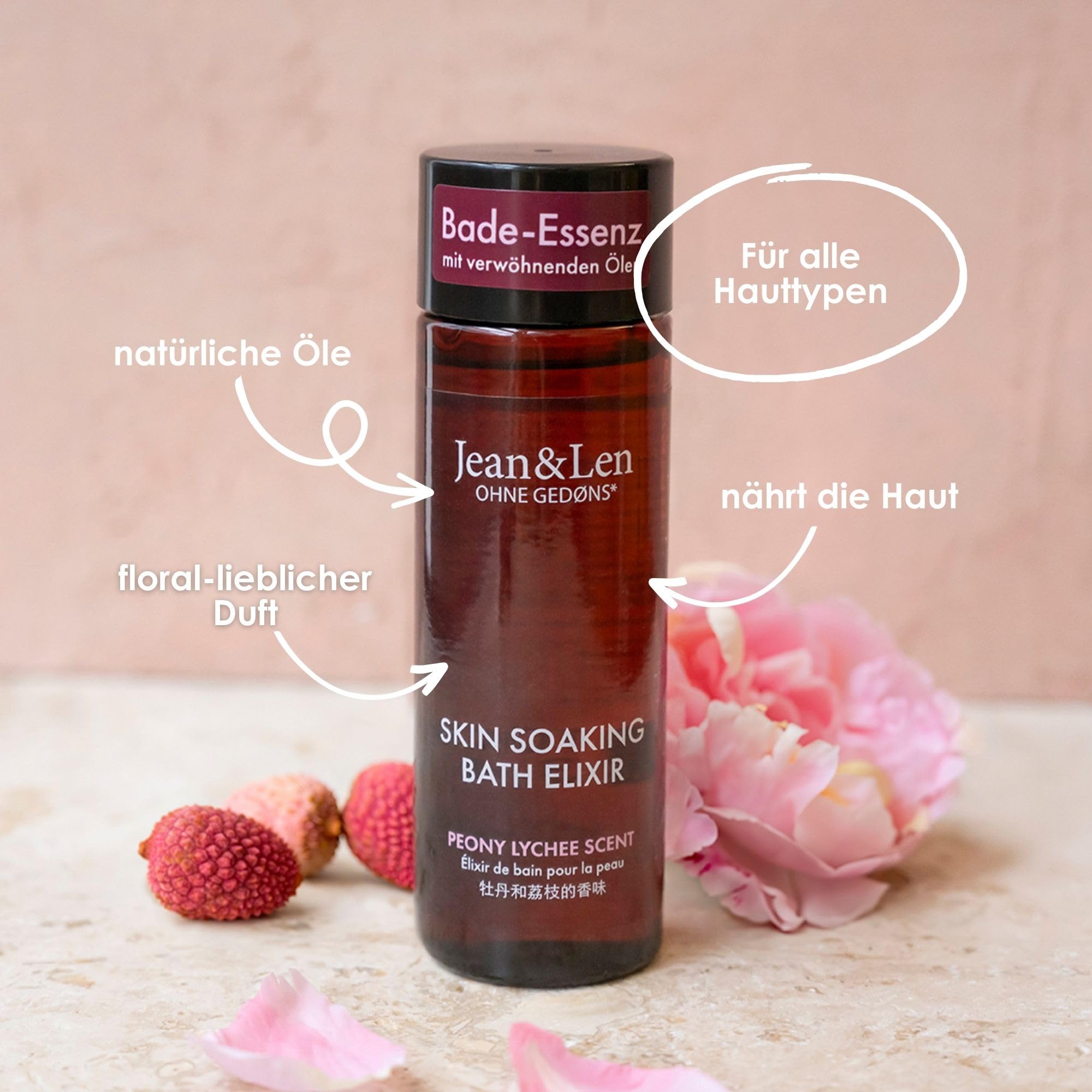 Jean & Len Bath Elixir Peony & Lychee, z naturalnymi olejkami, pozostawia przyjemne uczucie na skórze, kwiatowy zapach, olejek do kąpieli do wszystkich rodzajów skóry, bez parabenów i silikonów, 100