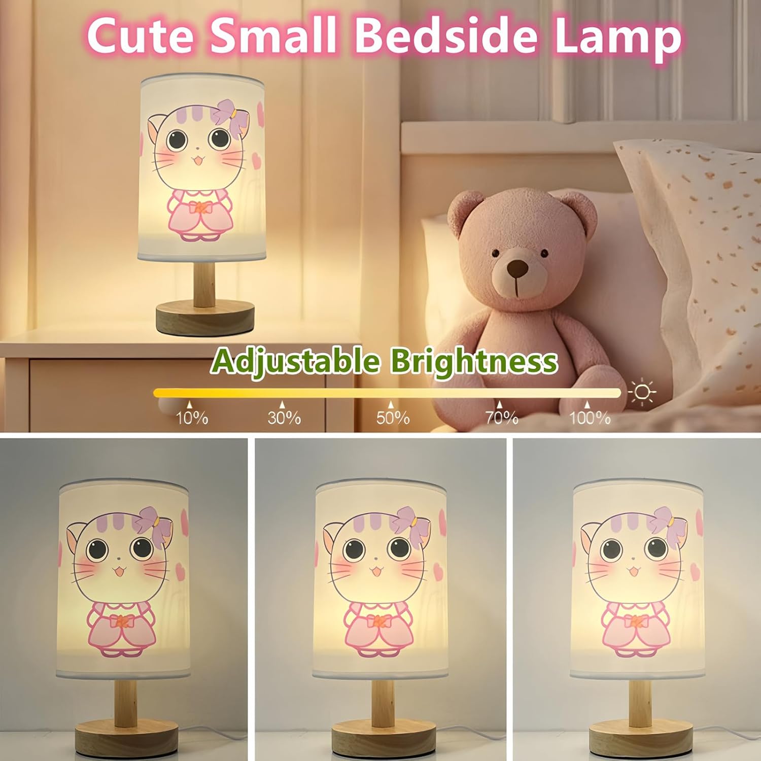 Kitty kids Bedside Table Lamps for Bedroom,Cute Cat Lamp for Girls Room Decor 3 Color Dimmable Cats Night Light with Cartoon Shade Desk Lamp for Girls Boys Cat Lovers Room Nursery Decorative Lights