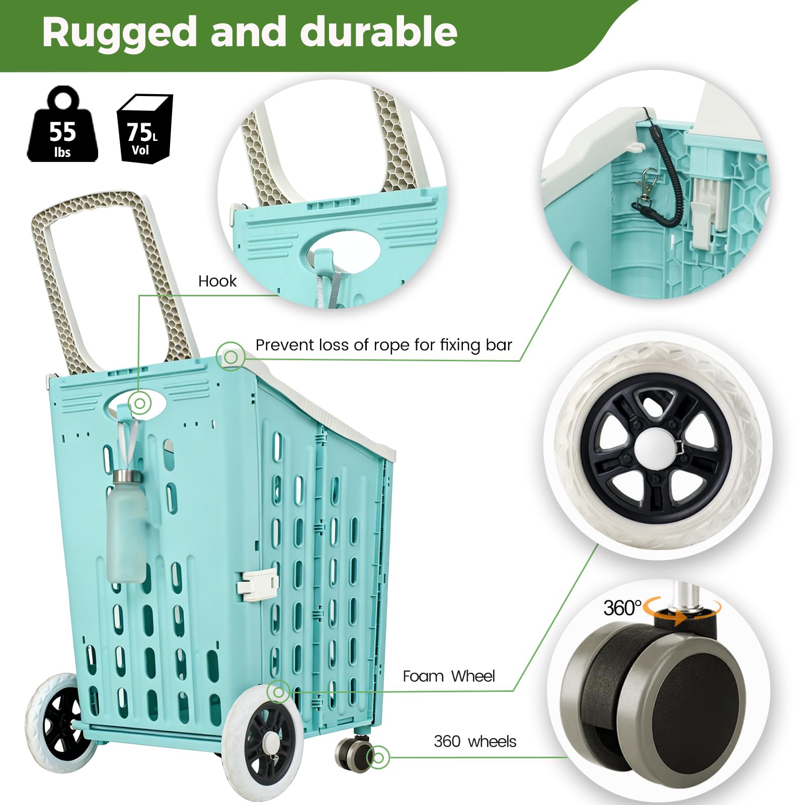ZHJINGYU Carrello Spesa 75L - Carrello Spesa Pieghevole con 4 Ruote - Carrello Portaspesa Verticale per Bagagliaio Auto (Blu)