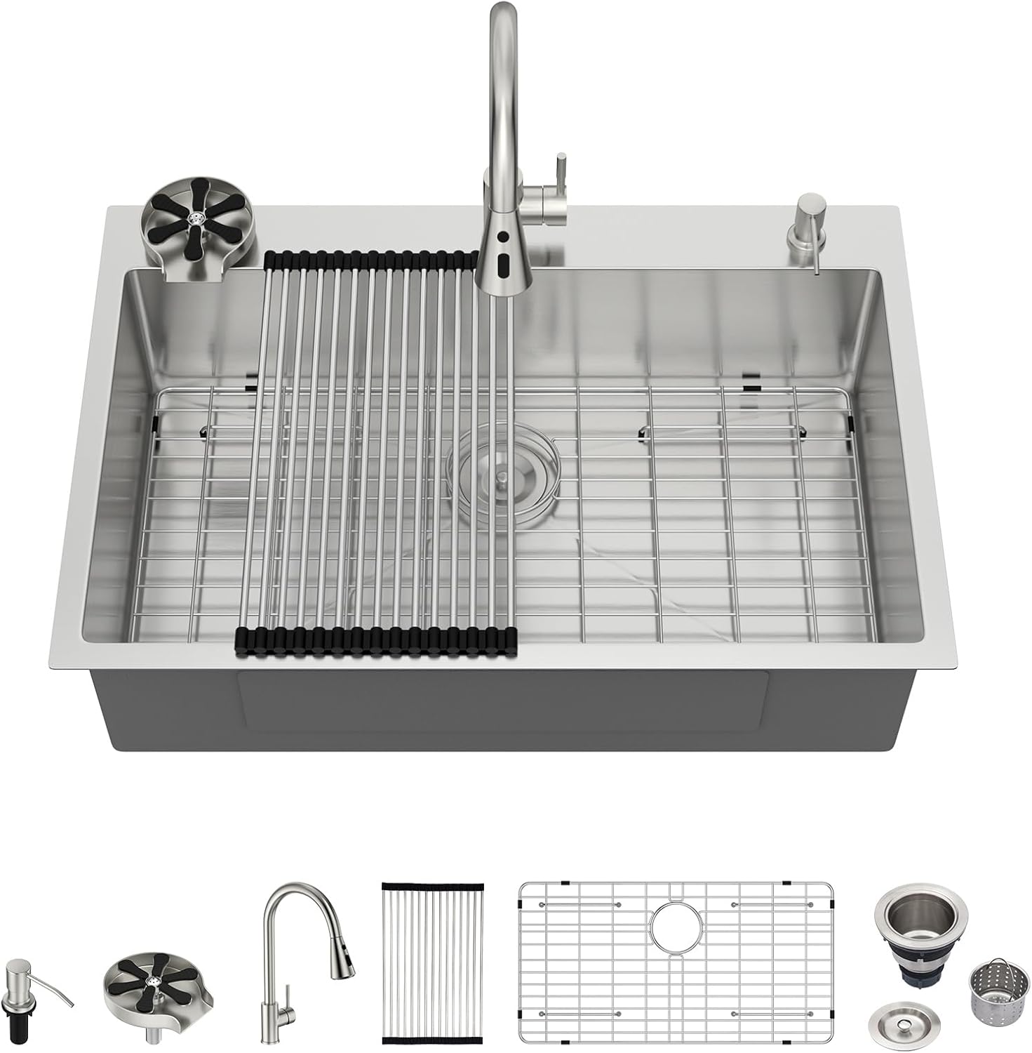 Logmey Newly Upgraded 33x22 Drop in Kitchen Sink with Pull-out Faucet Soap Dispenser 33 Inch Stainless Steel Sinks 16 Guage 304 Single Bowl 9'' Deep Sinks with Cup Washer 33x22x9 LMT33229-F