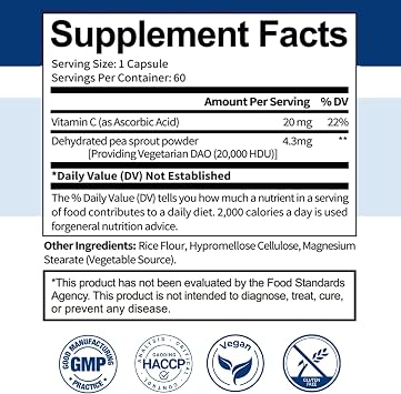 DAO Supplements Histamine Blocker – DAO Enzyme (Diamine Oxidase) & Vitamin C for Gut Health & Food Support – 60 Servings