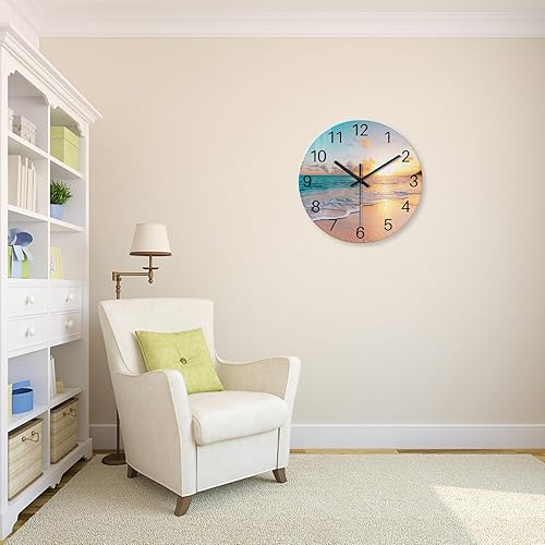 Miniatura 2 de Reloj de pared de playa con pilas, reloj de pared de vidrio de 12 pulgadas, analógico, sin tictac, relojes de pared azules para dormitorio, sala de