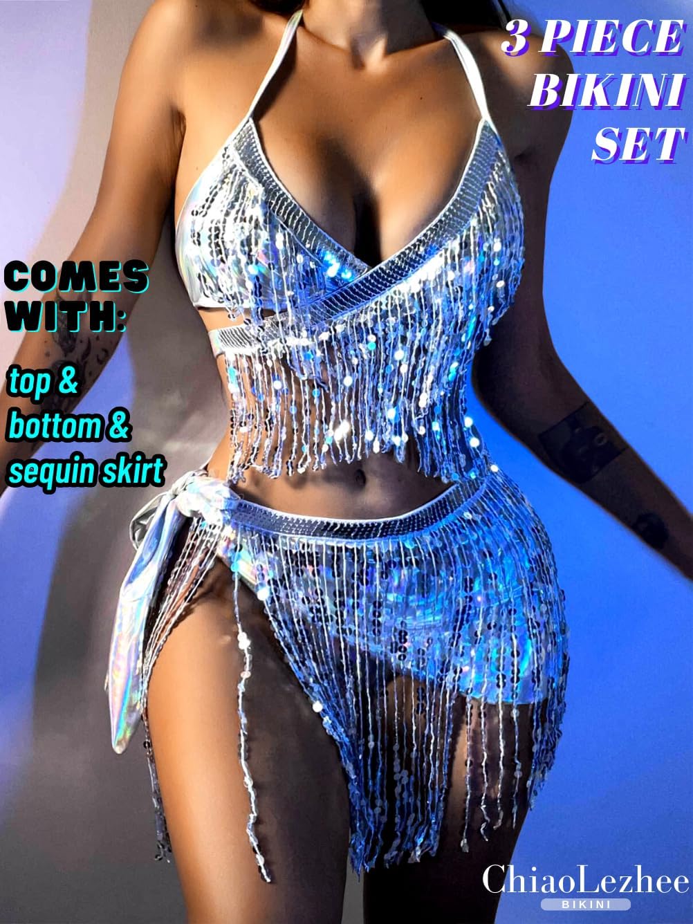 Sparkly Rave Outfits, Sequin Fringe Bikini, Metallic Skirt 3PC Set - Image 2