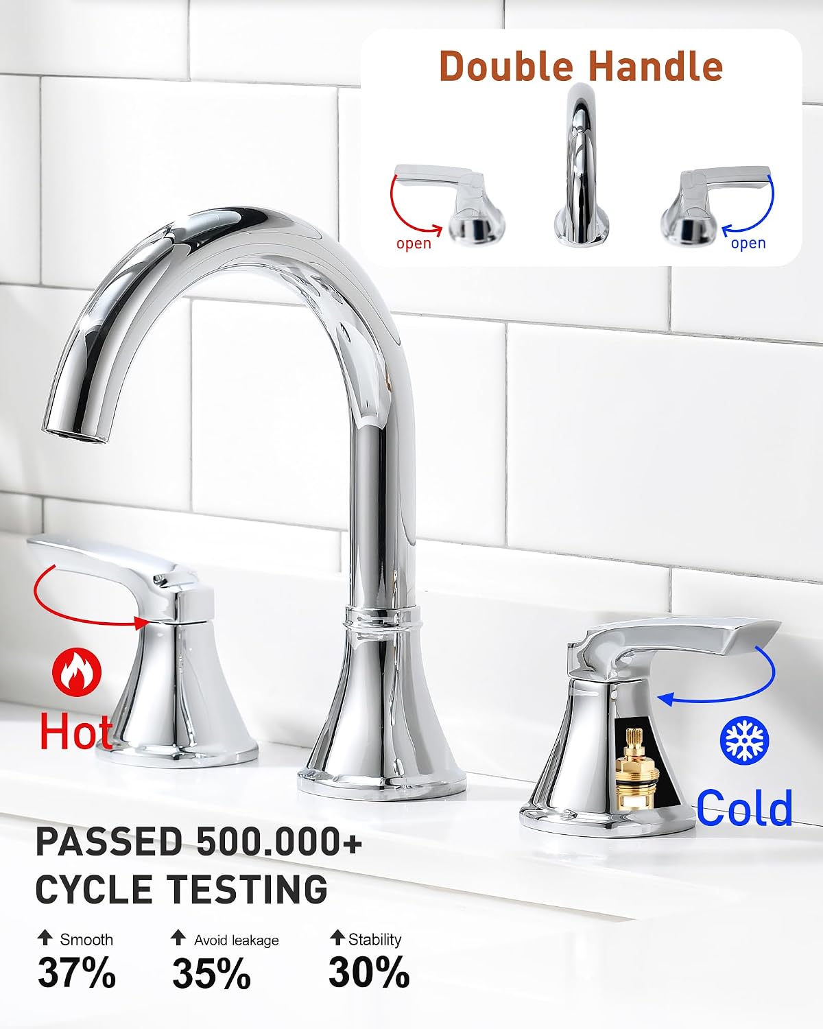 Fapully Bathroom Faucet 3 Hole, Chrome 8 Inch Widespread Bathroom Sink Faucet with Pop-up Drain, Two-Handle Faucet for Bathroom Sink