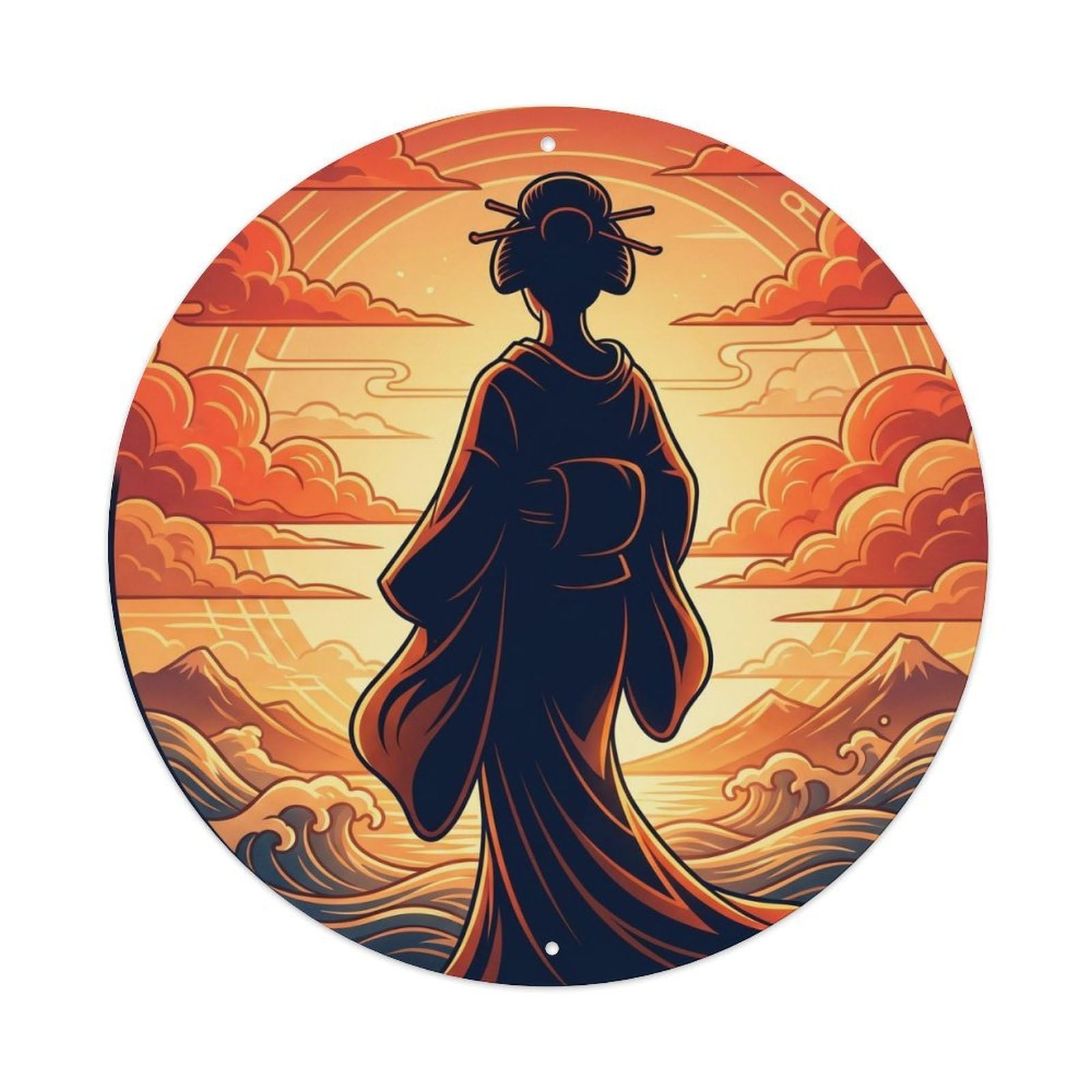 Galvaxio Style Japanese Kimono Woman Observing Sunset Afterglow Falling Metal Tin Sign