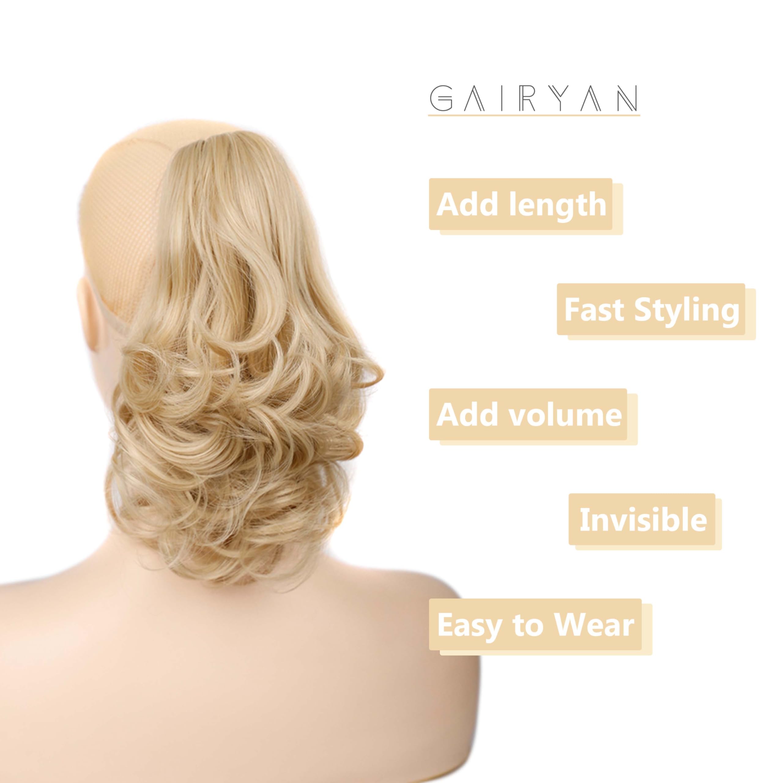 Gairyan 10" Clip in Ponytail Hair Extensions Curly Ponytail Extension Claw on Pony tails Wavy Synthetic Hairpieces for Women Real Natural Short Wave Dirty Blonde mix Bleach Blonde - Image 4
