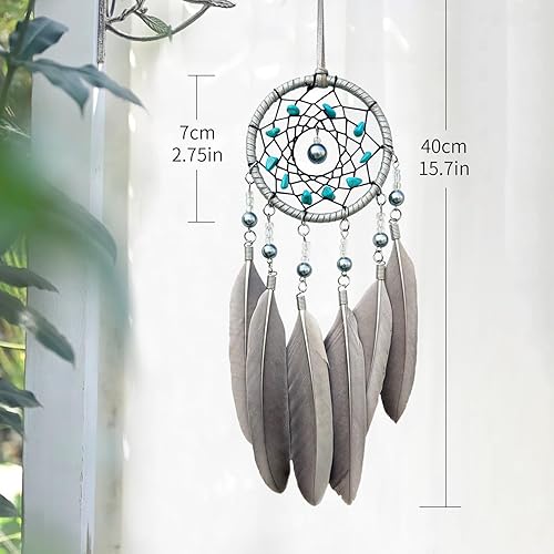 Miniatura 3 de Atrapasueños pequeños para espejo retrovisor de coche, colgante hecho a mano con plumas grises y turquesa atrapasueños para decoración colgante de