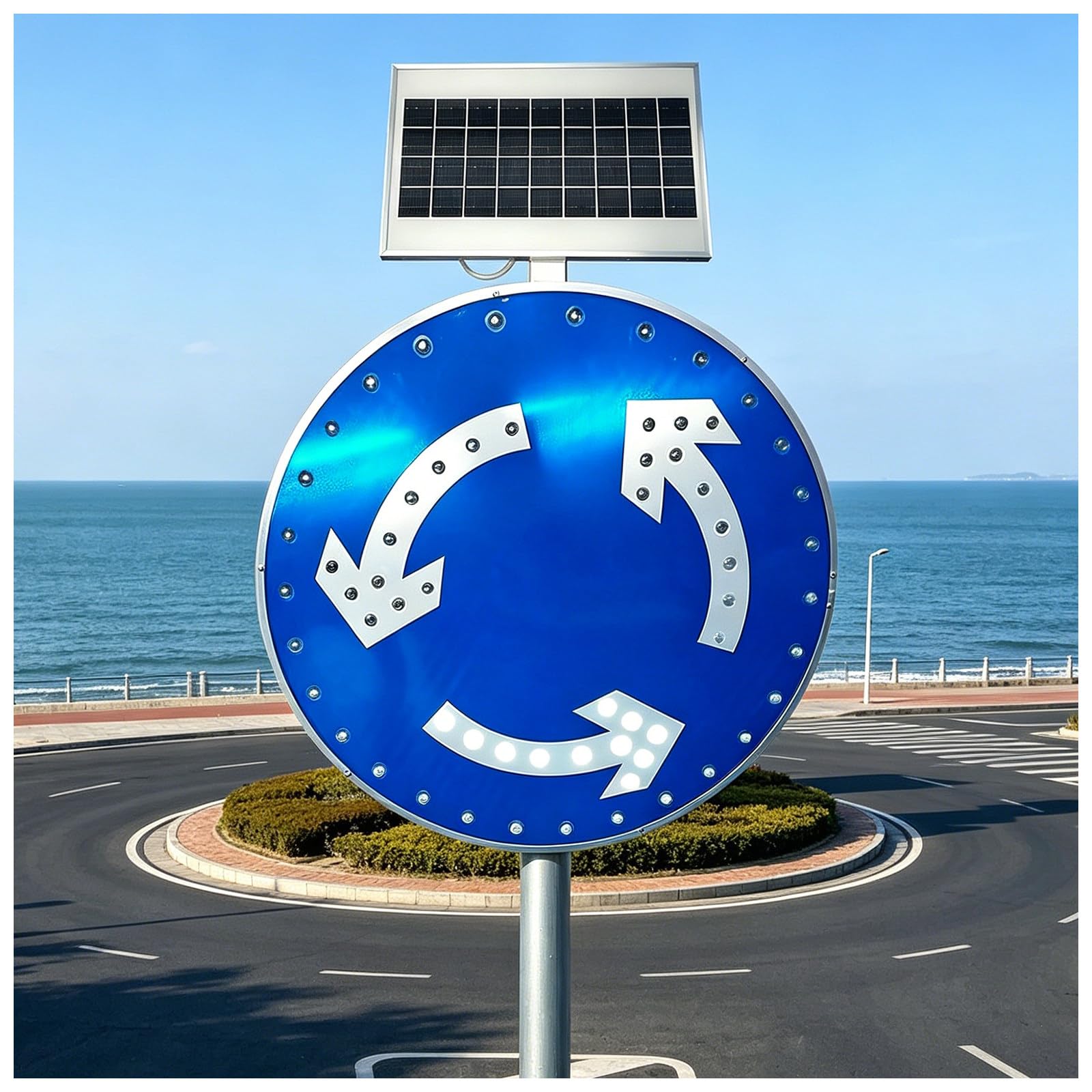 liuyunfeiGL Solar Powered LED Roundabout Traffic Sign, 23.6in Aluminum Luminous Street Sign, Auto On/Off Solar Warning Sign, for Outdoor Highways & Crossroads 30in
