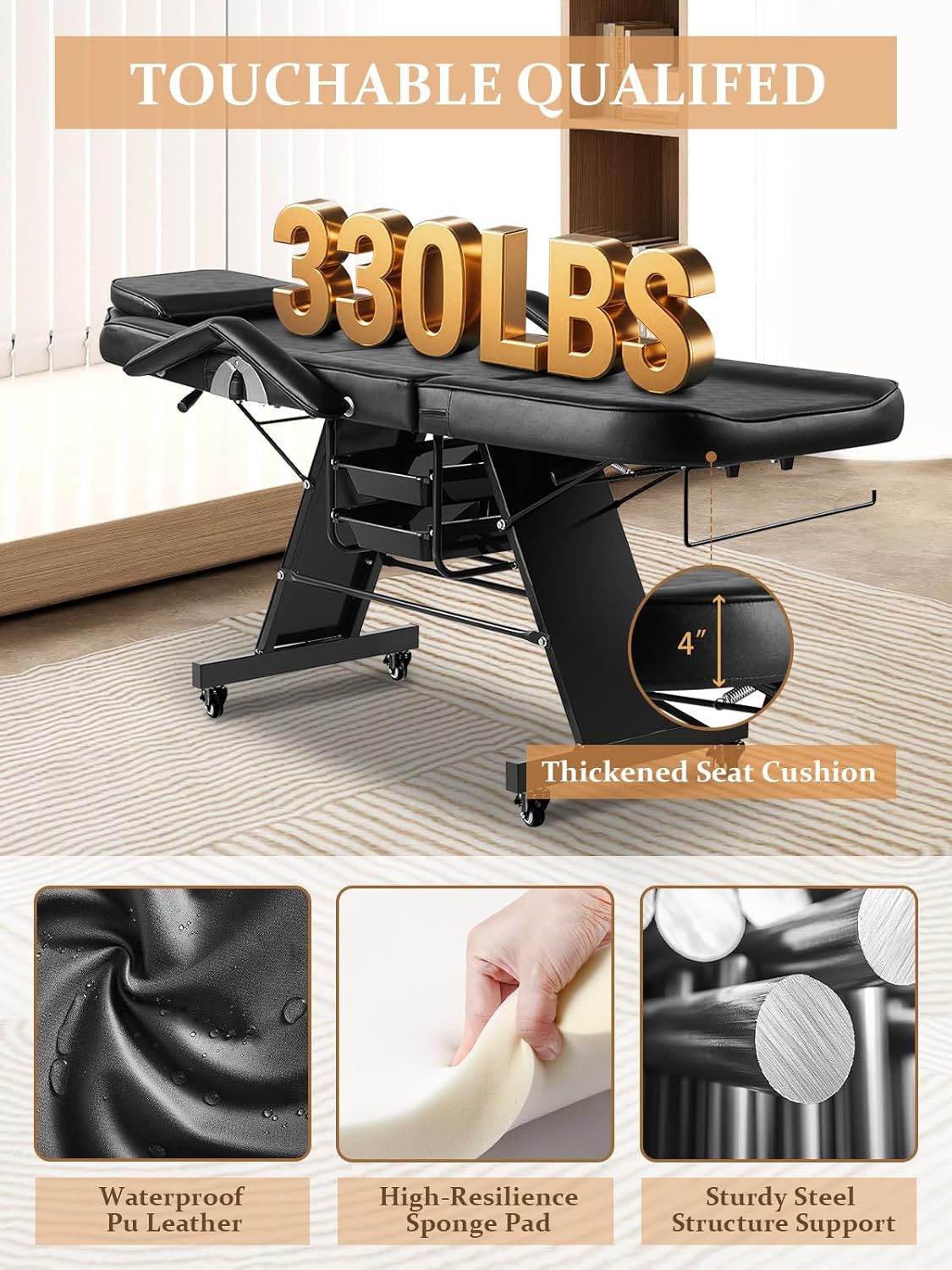 Tattoo Chair for Client, Esthetician Bed with Rolling Stool and Wheels Adjustable Beauty Salon Spa Table 360 Swivel Facial Chair Bed for Client